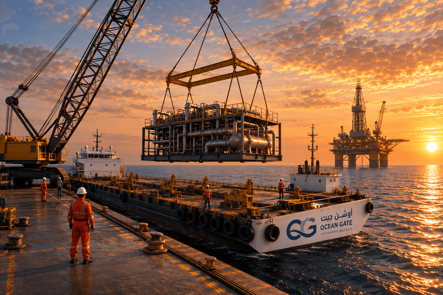 Ocean Gate offshore vessel operation at sunset