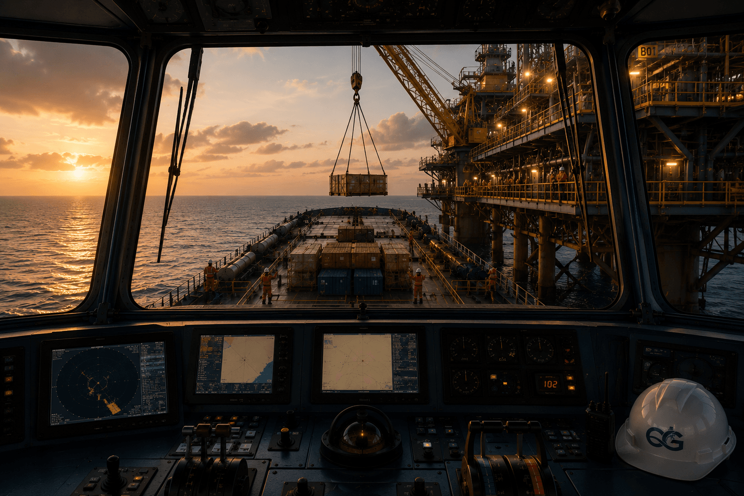 Offshore crew coordinating a cargo transfer beside a platform